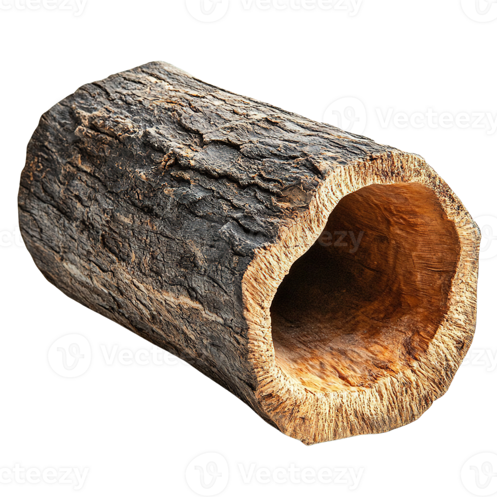 Detailed Hollow Wood Log Cross Section with Rough Bark on Transparent Background png