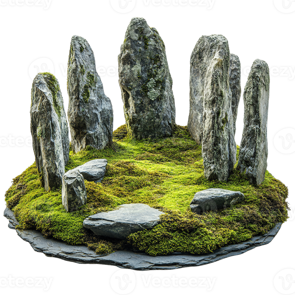 Archaeological Site Model Ancient Stone Circle with Mossy Ground Natural Rock Formation and Standing Monoliths png
