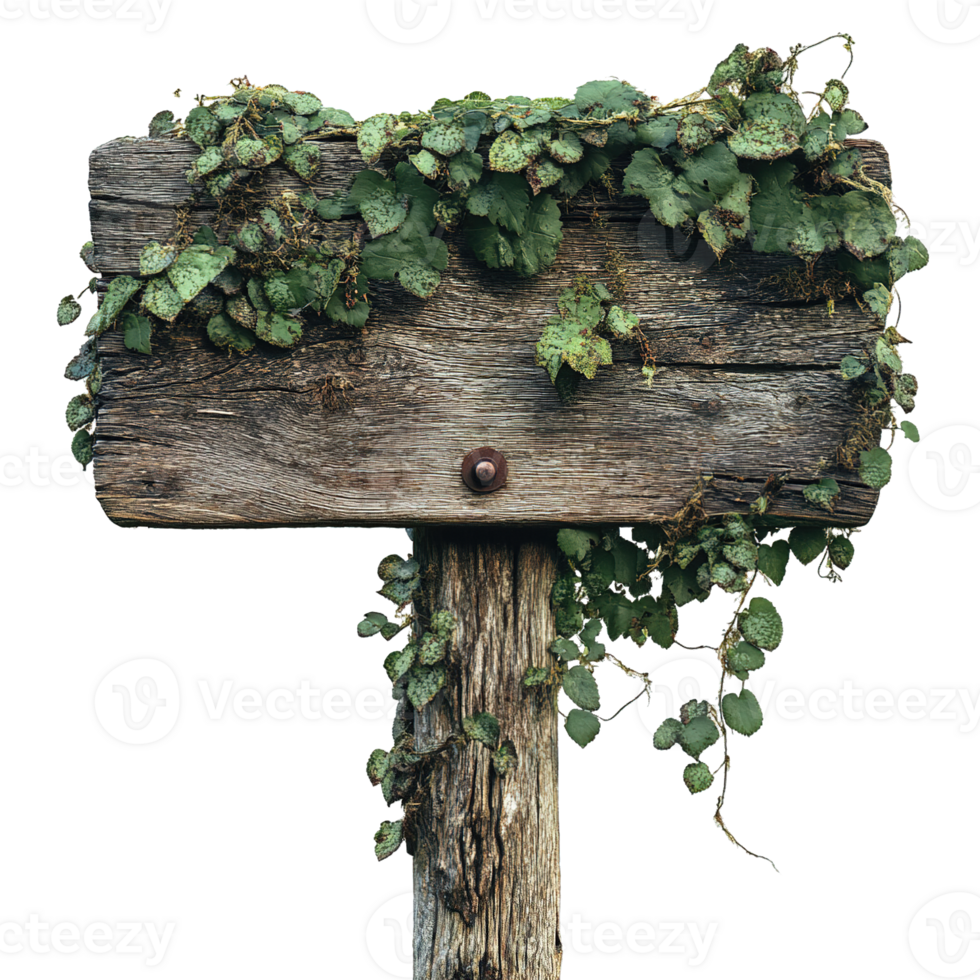Rustic Signpost in the Wilderness Covered in Ivy Isolated on Transparent Background png