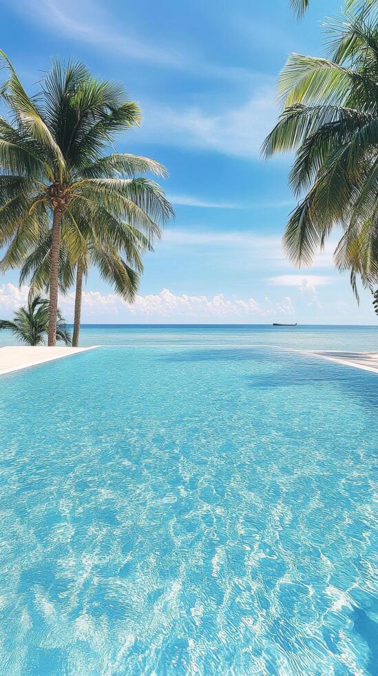 Relaxing poolside view with palm trees under a clear sky at a tropical beach resort photo