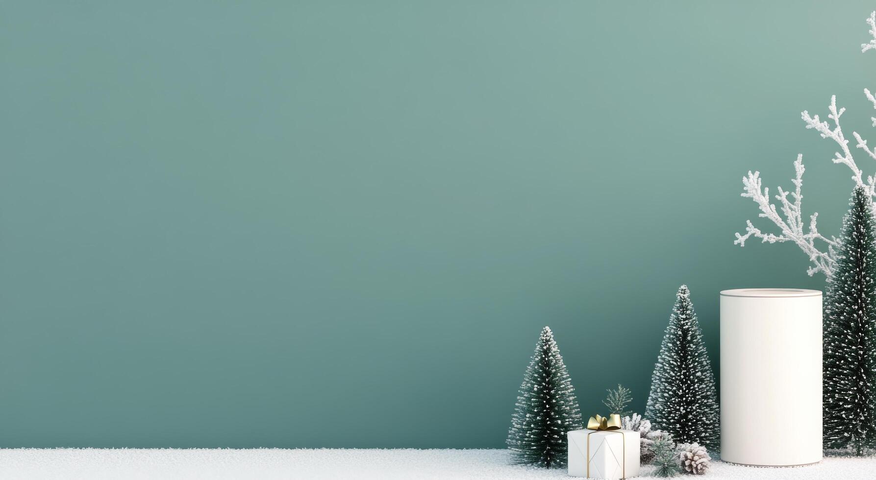 Winter holiday decoration with evergreen trees and gifts in a serene indoor setting photo