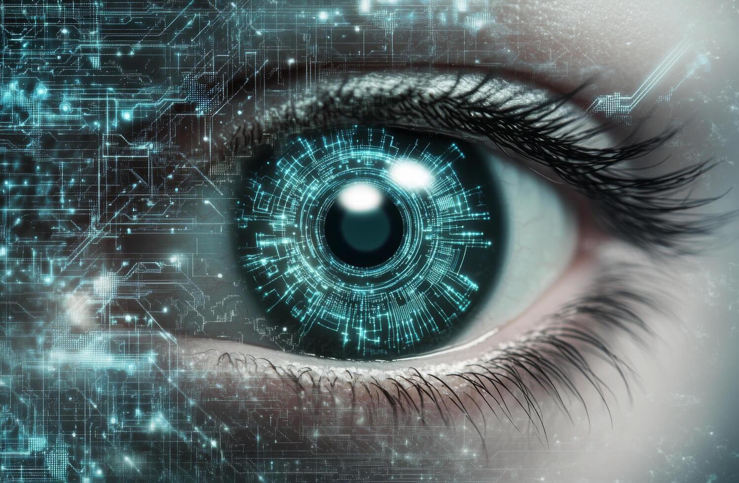 Close up of a human eye with a digital interface overlay showcasing technology and innovation photo