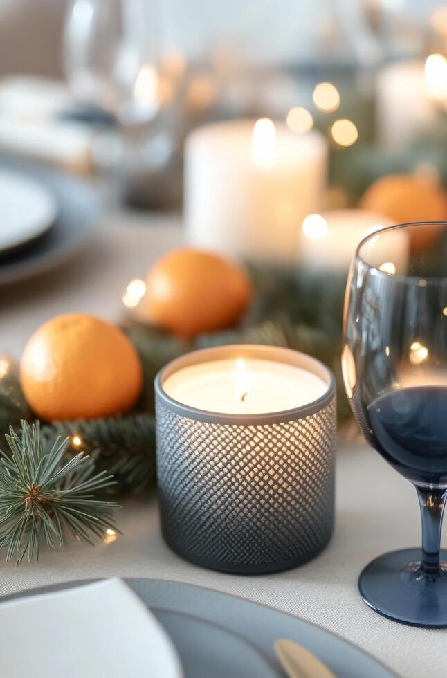 A festive table with candles, holiday decor, and a charming nutcracker on display photo