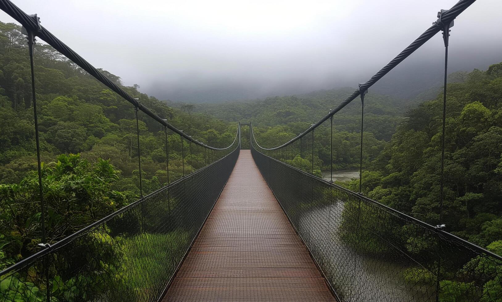 Suspension bridge stretches into the mist over a lush forest in early morning light photo