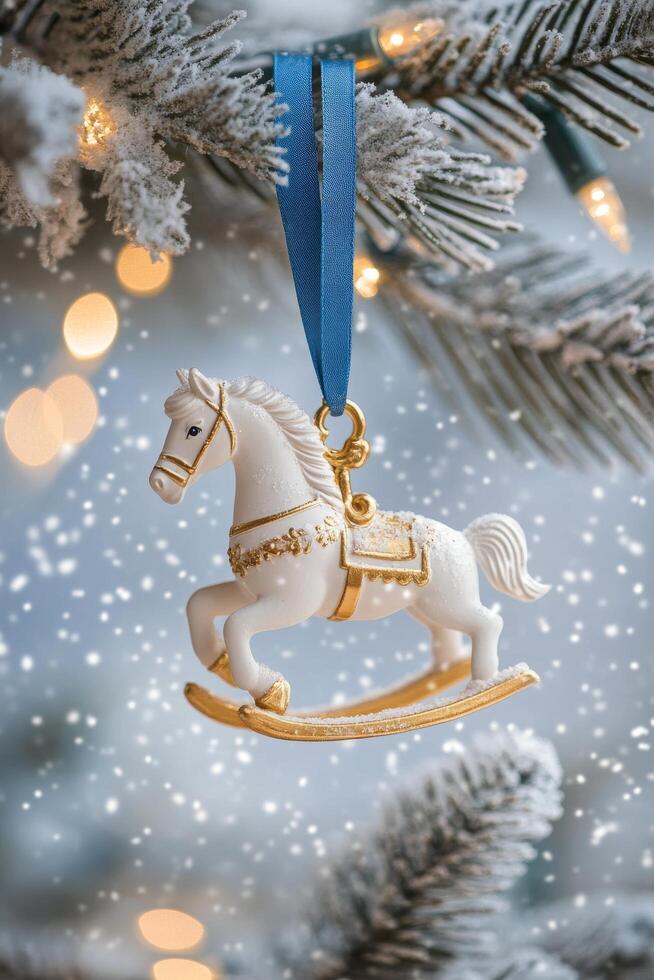 Decorative unicorn ornament hanging on a snowy tree with festive lights during winter season photo