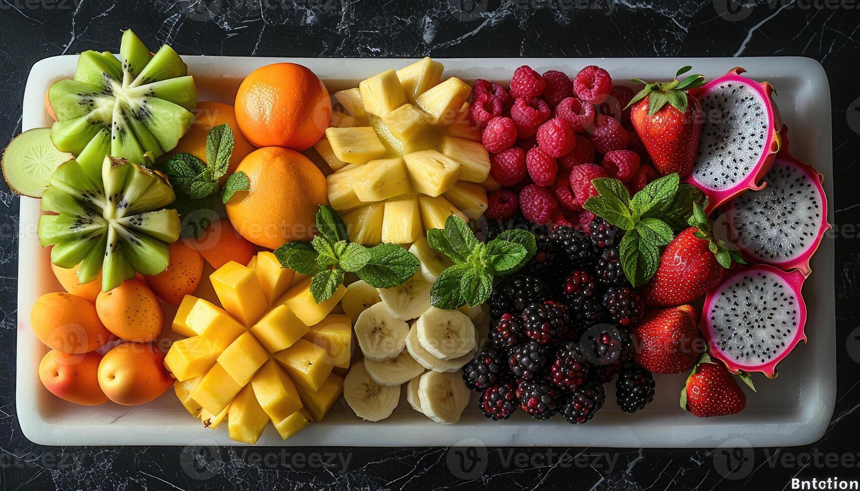 A Colorful Arrangement of Fresh Fruits on a White Serving Tray photo