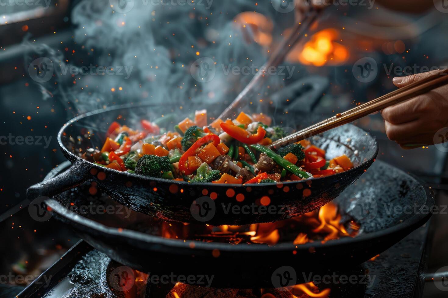 Stir-fried Vegetables Cooking in a Wok Over an Open Flame photo
