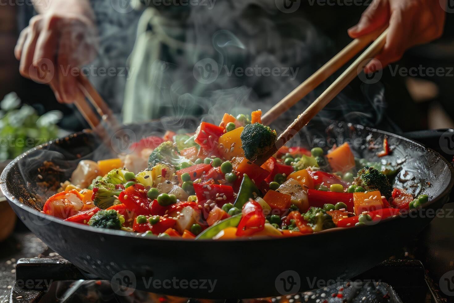 Steaming Vegetable Stir-Fry in a Wok with Wooden Chopsticks photo