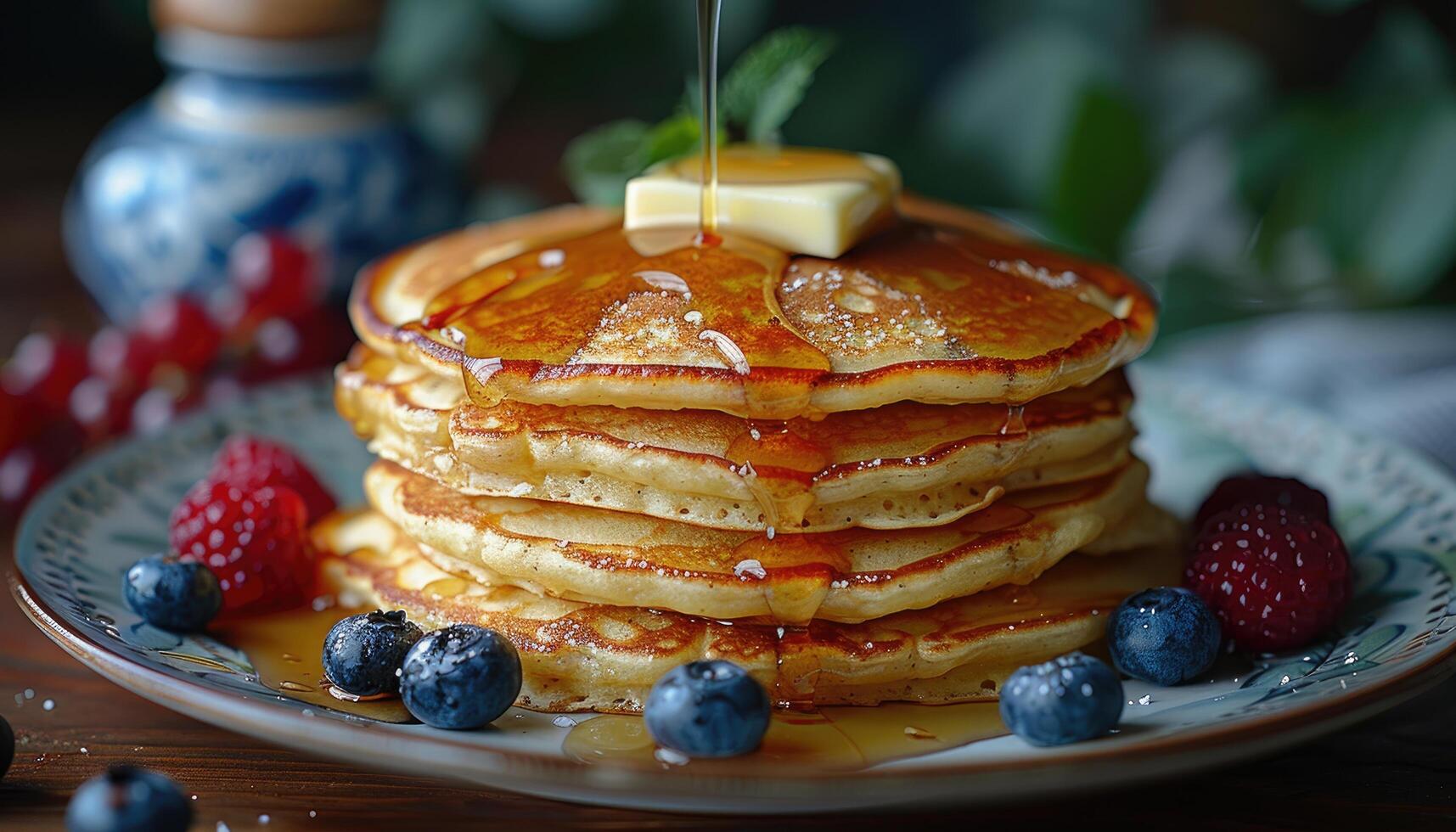 Stack of Golden Brown Pancakes with Drizzled Maple Syrup and Fresh Berries photo