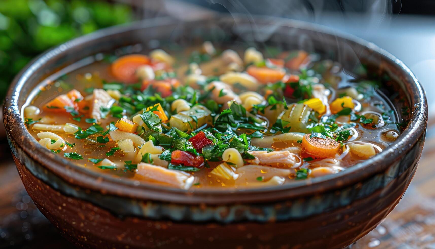 Steaming Bowl of Chicken Noodle Soup with Vegetables photo