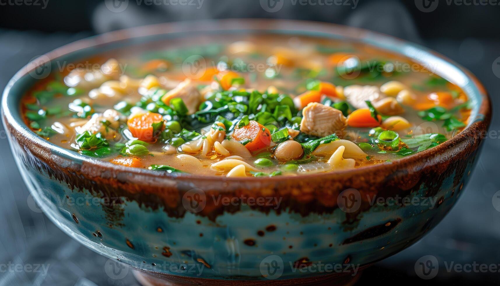 Steaming Bowl of Chicken Noodle Soup with Vegetables photo