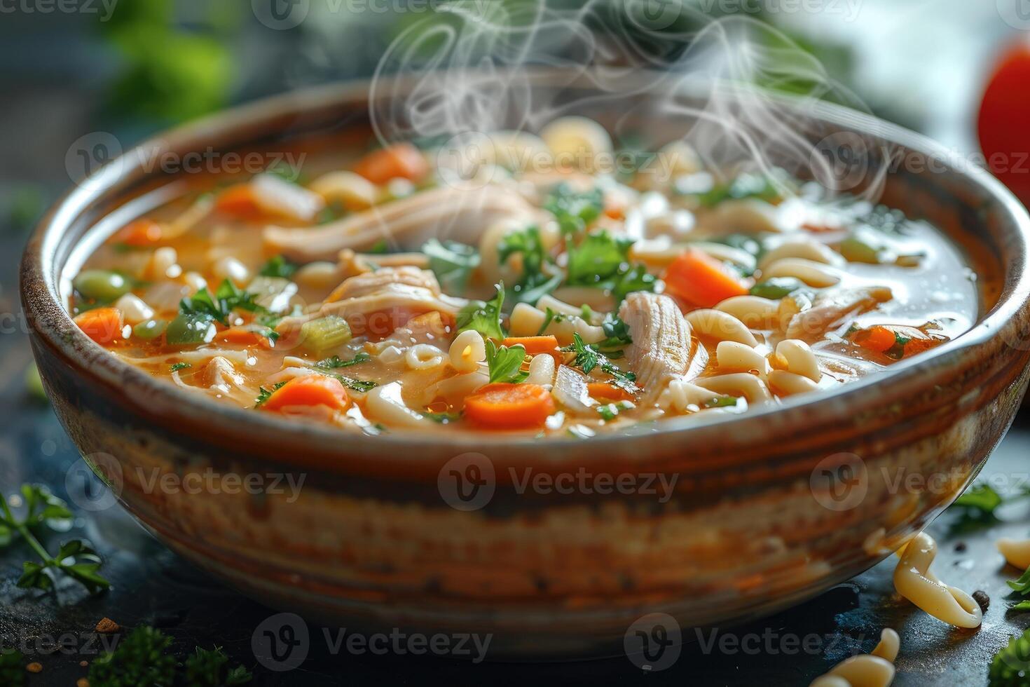 Steaming Bowl of Chicken Noodle Soup with Vegetables photo