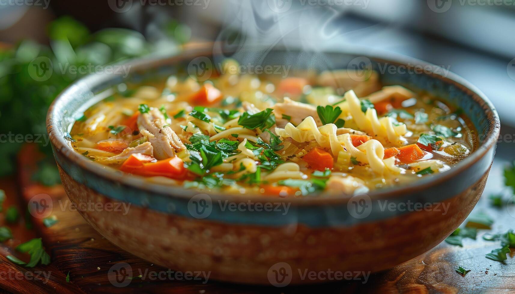 A bowl of steaming chicken noodle soup with parsley garnish photo