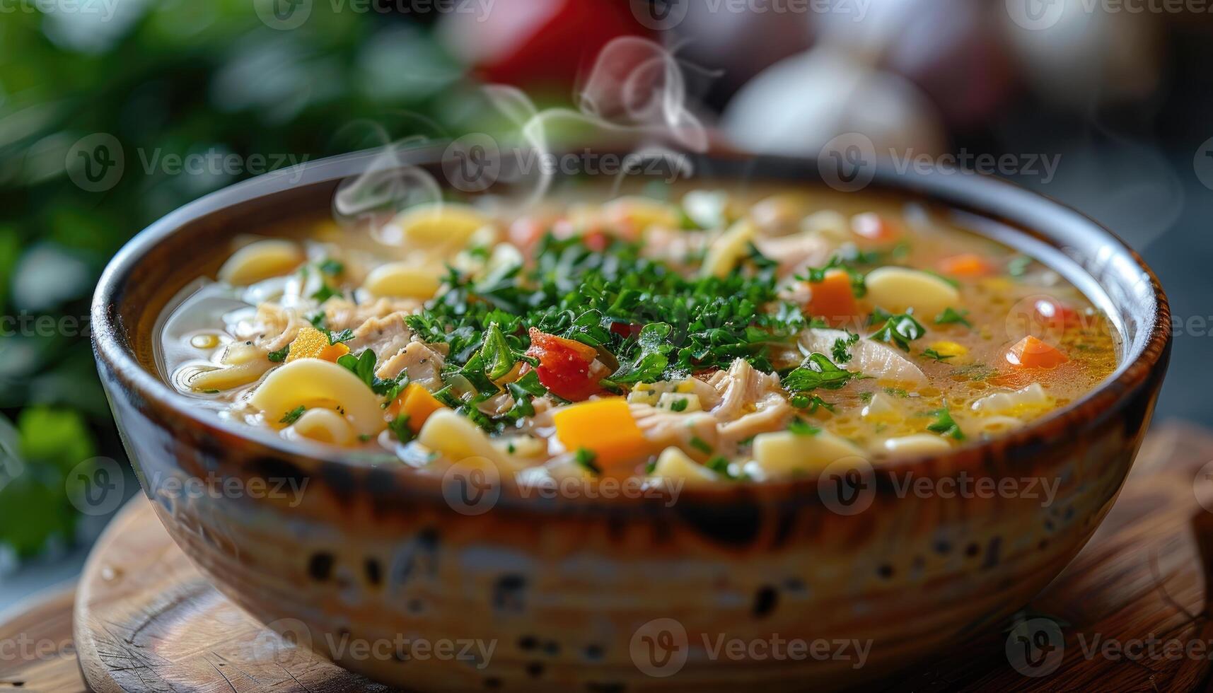 Steaming Bowl of Chicken Noodle Soup with Parsley Garnish photo