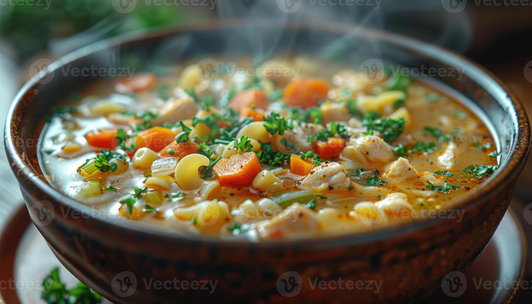 Steaming Bowl of Chicken Noodle Soup with Carrots and Parsley photo