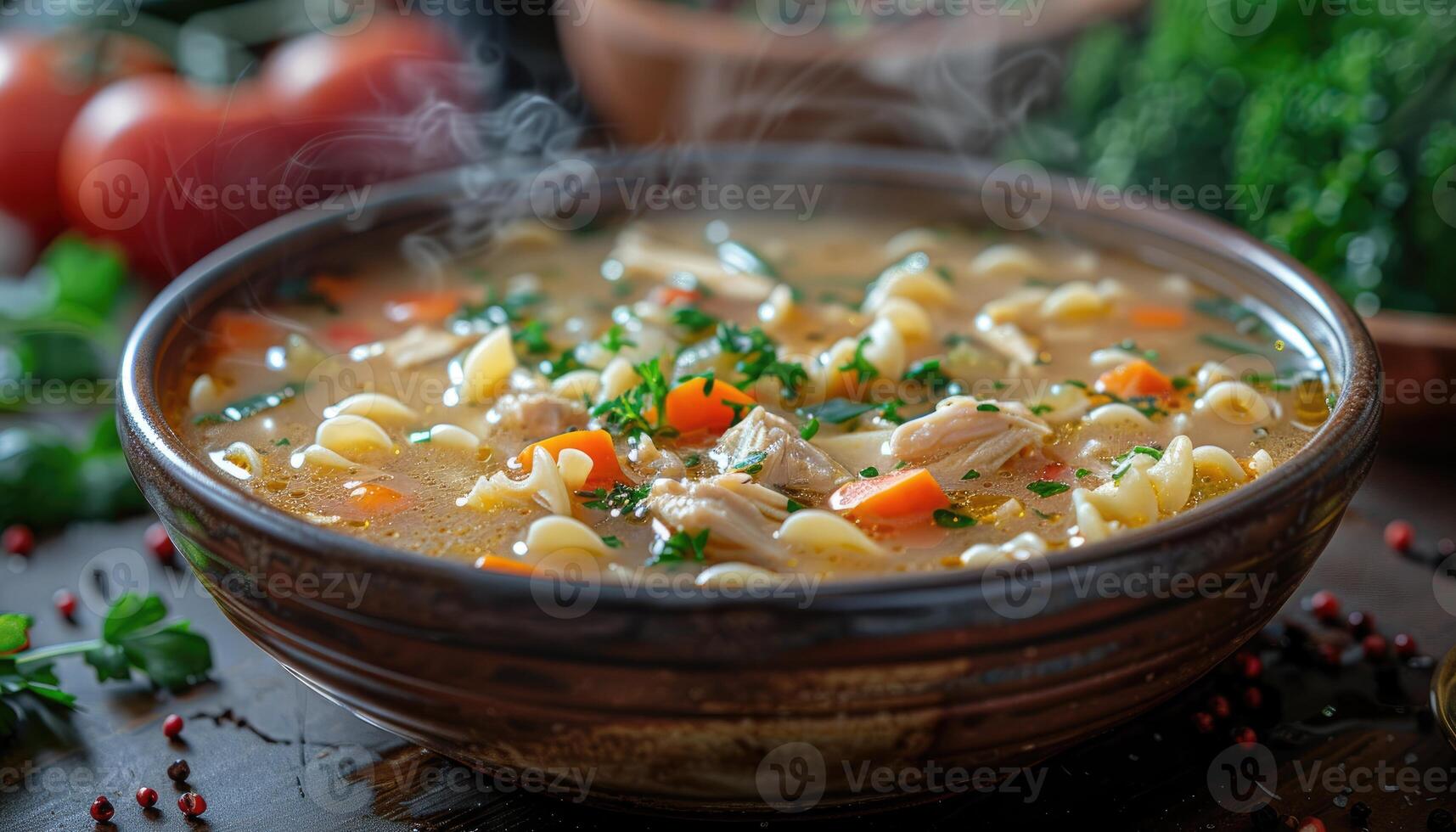 Steaming Bowl of Chicken Noodle Soup with Parsley and Carrots photo