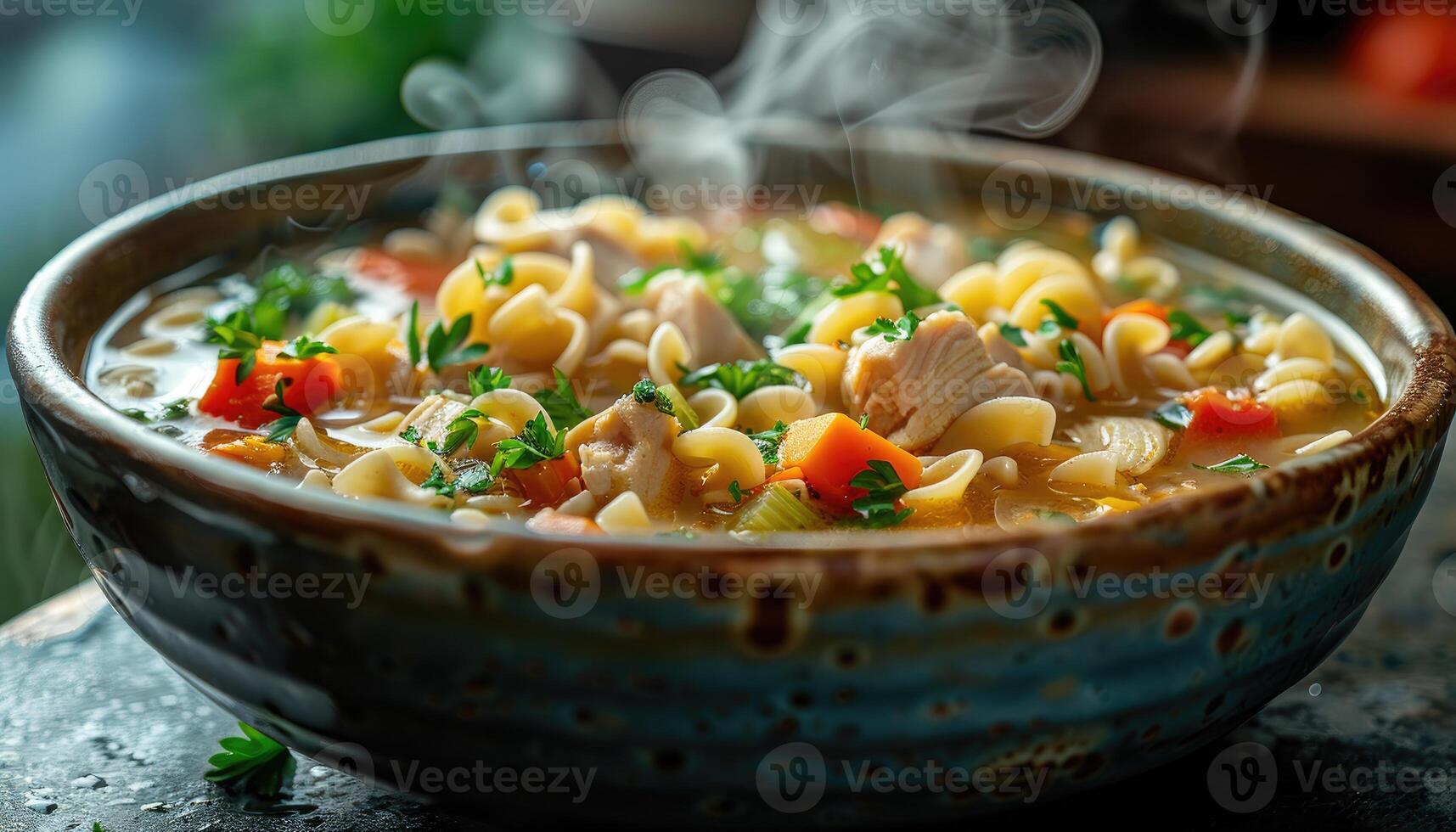 Steaming Bowl of Chicken Noodle Soup with Parsley Garnish photo