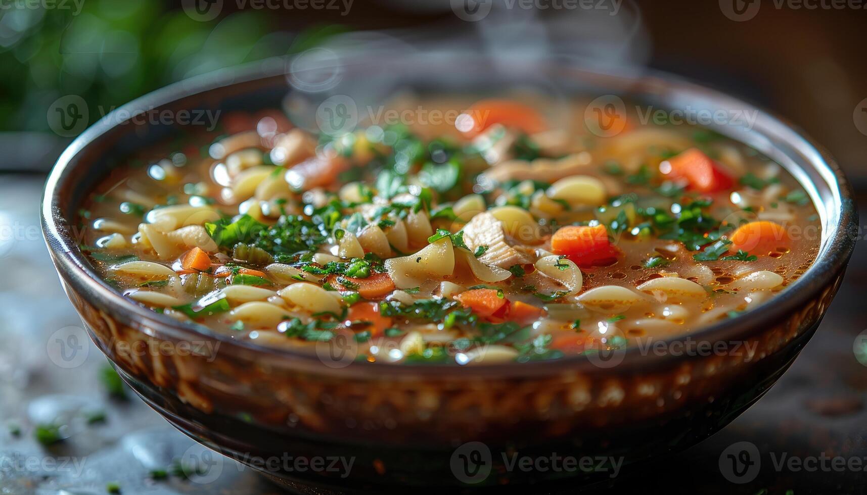 Steaming Bowl of Chicken Noodle Soup with Carrots and Parsley photo