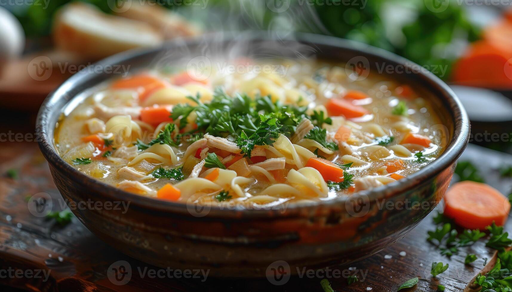 Steaming Bowl of Chicken Noodle Soup with Carrots and Parsley photo