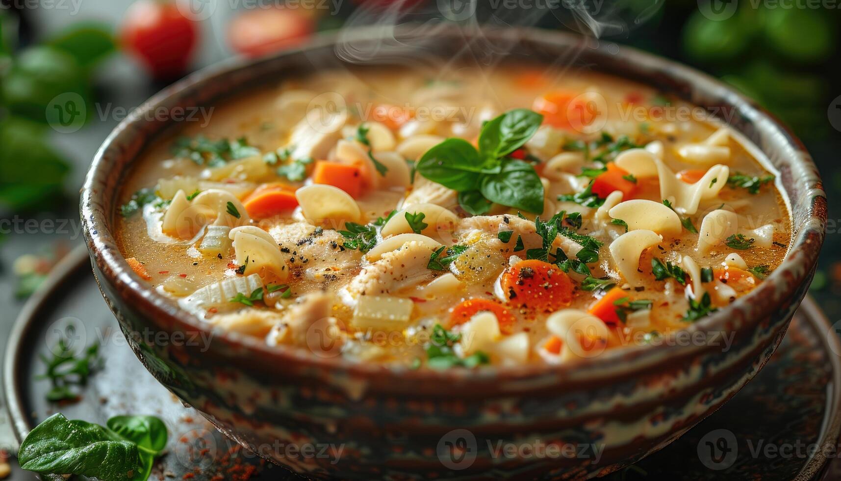 Steaming Bowl of Chicken Noodle Soup with Herbs and Spices photo