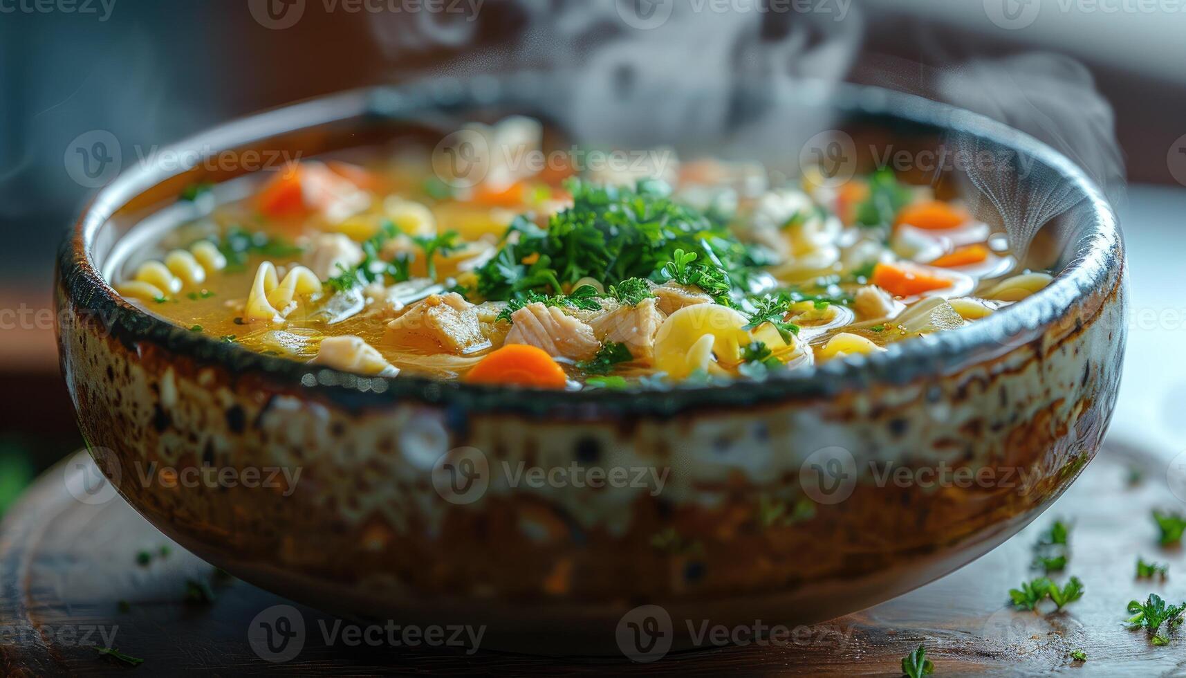 Steaming Bowl of Chicken Noodle Soup with Parsley Garnish photo