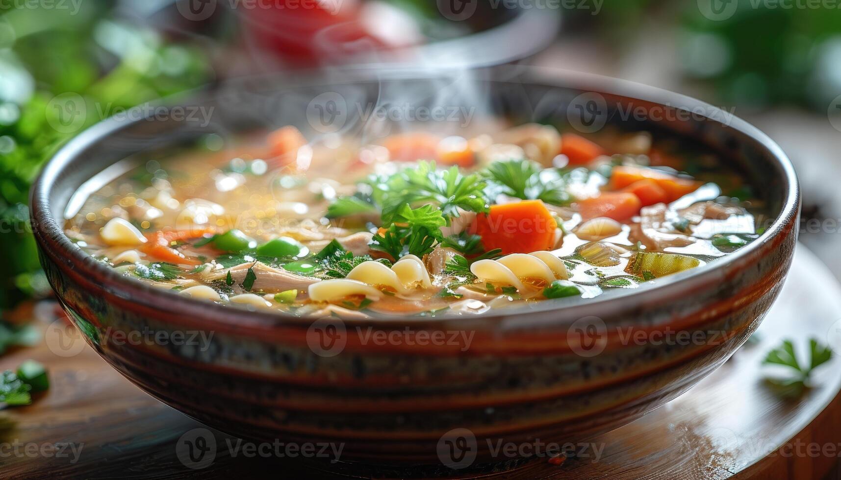 A Bowl of Steaming Chicken Noodle Soup with Vegetables photo