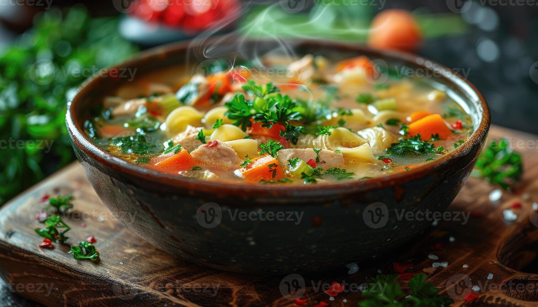 A Bowl of Steaming Chicken Noodle Soup with Carrots and Parsley photo