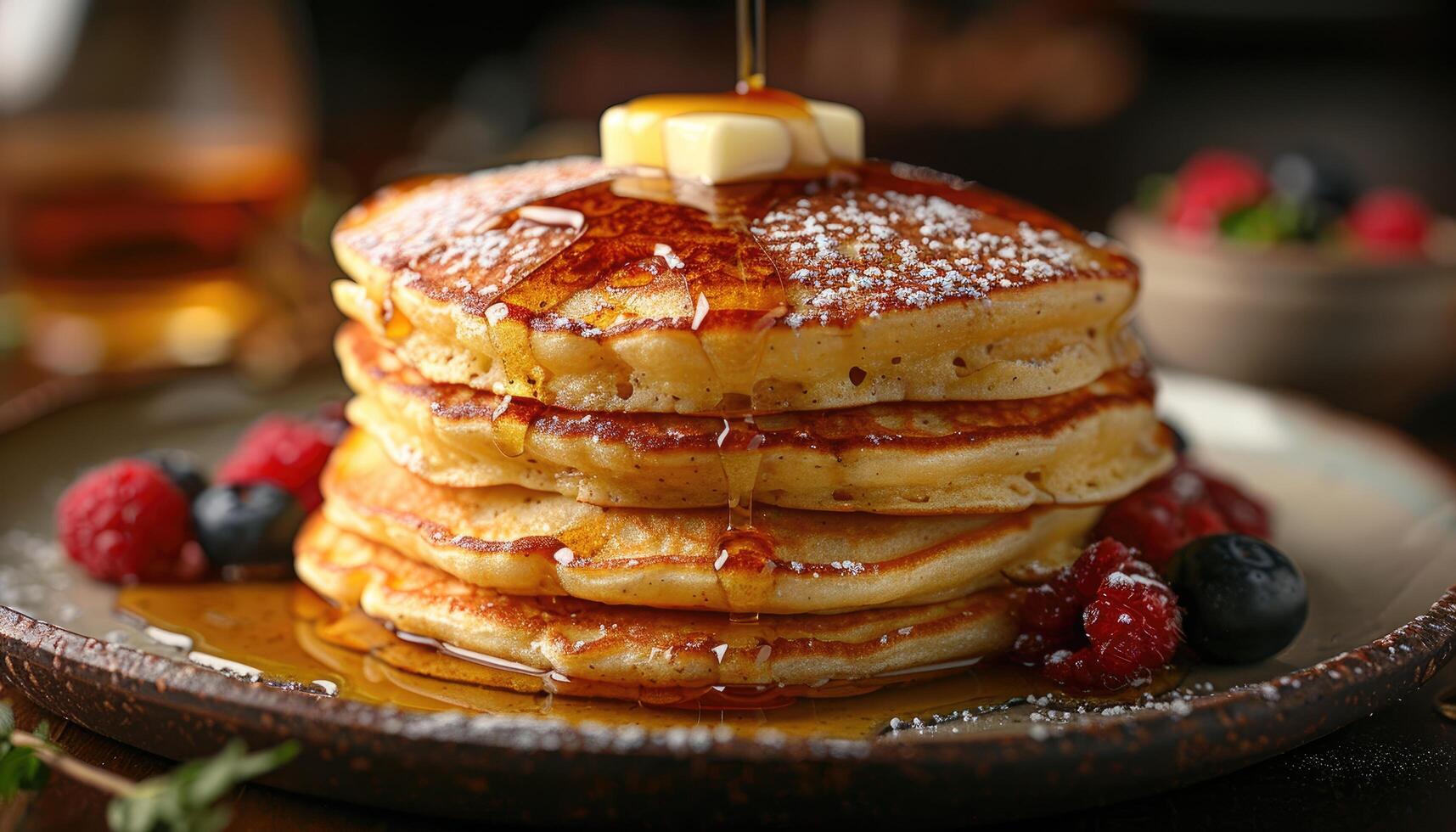 A Stack of Buttery Pancakes Drizzled with Syrup and Topped with Fresh Berries photo