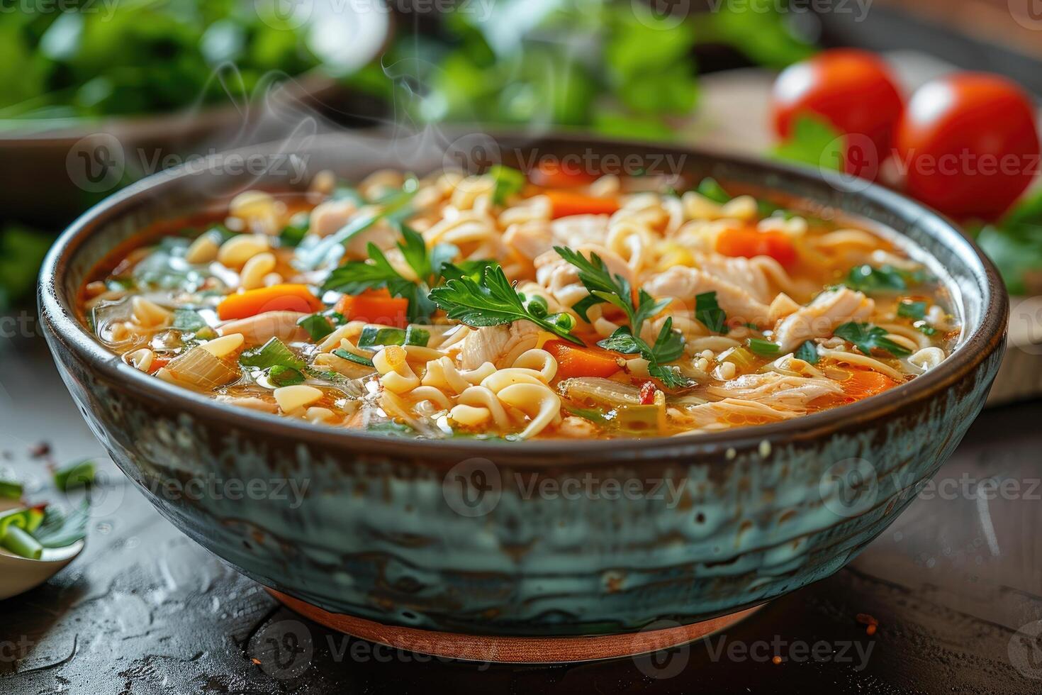 Steaming Bowl of Chicken Noodle Soup with Vegetables photo
