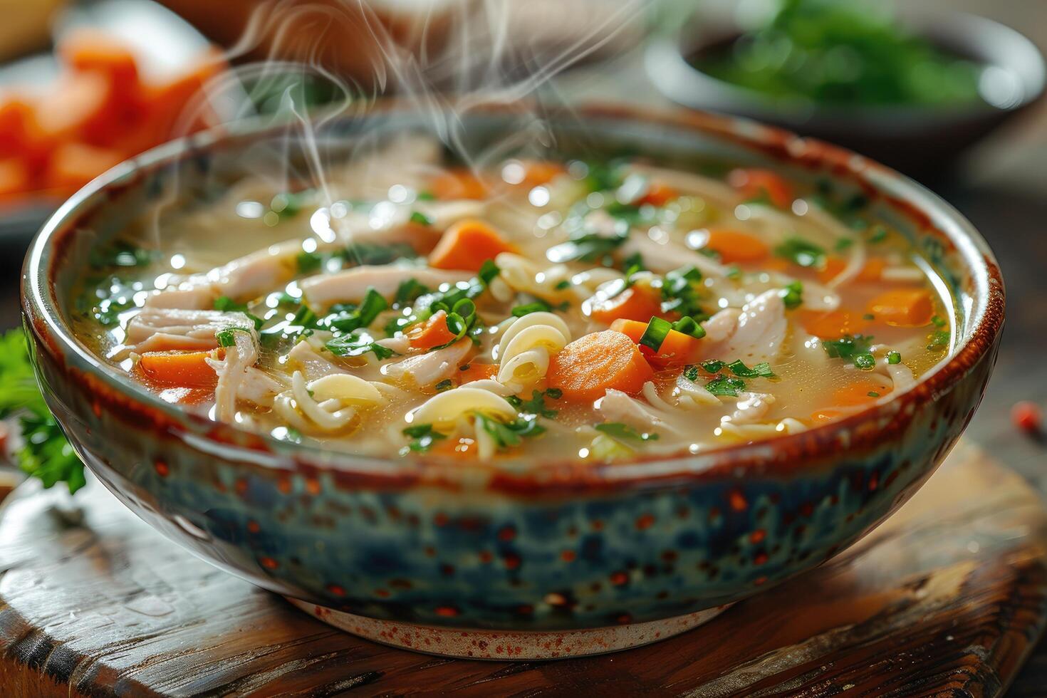 Steaming Bowl of Chicken Noodle Soup with Carrots and Parsley photo