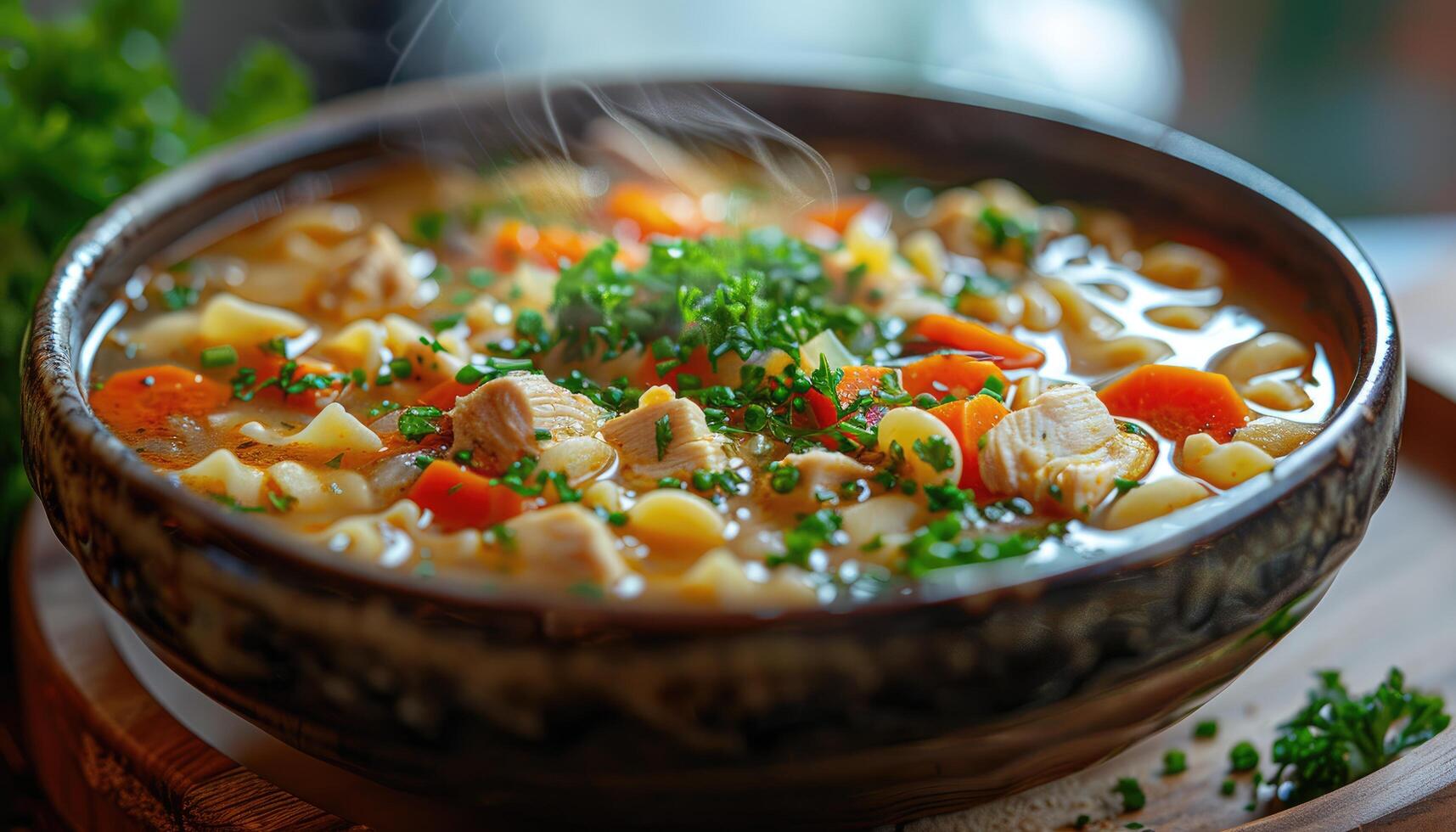 Steaming Bowl of Chicken Noodle Soup with Carrots and Parsley photo