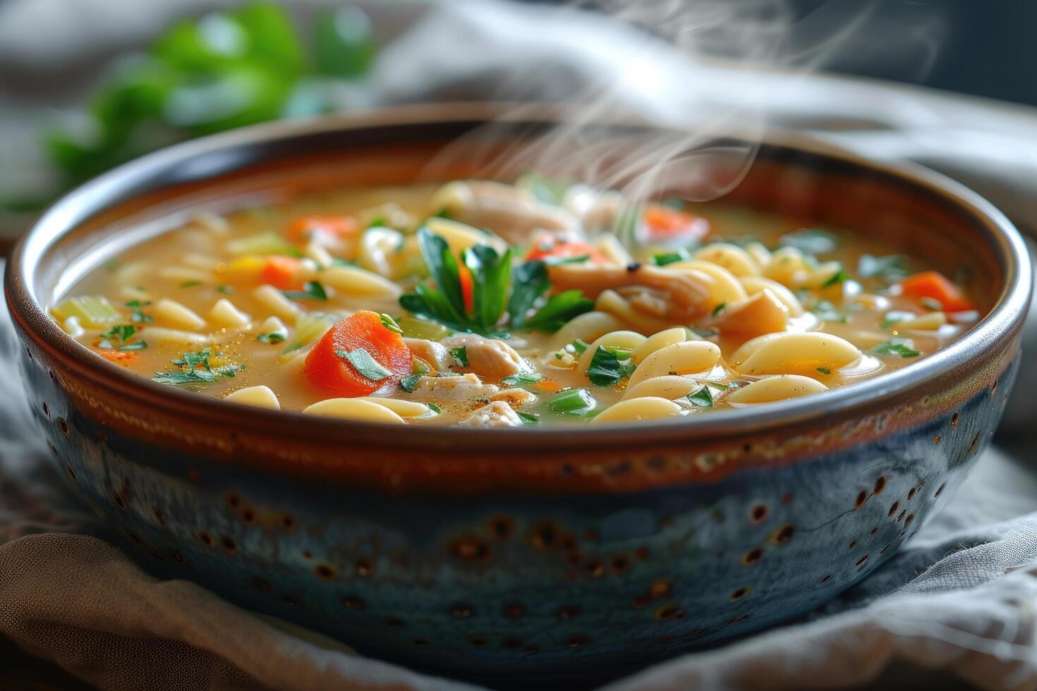 A Bowl of Steaming Chicken Noodle Soup with Carrots and Parsley photo
