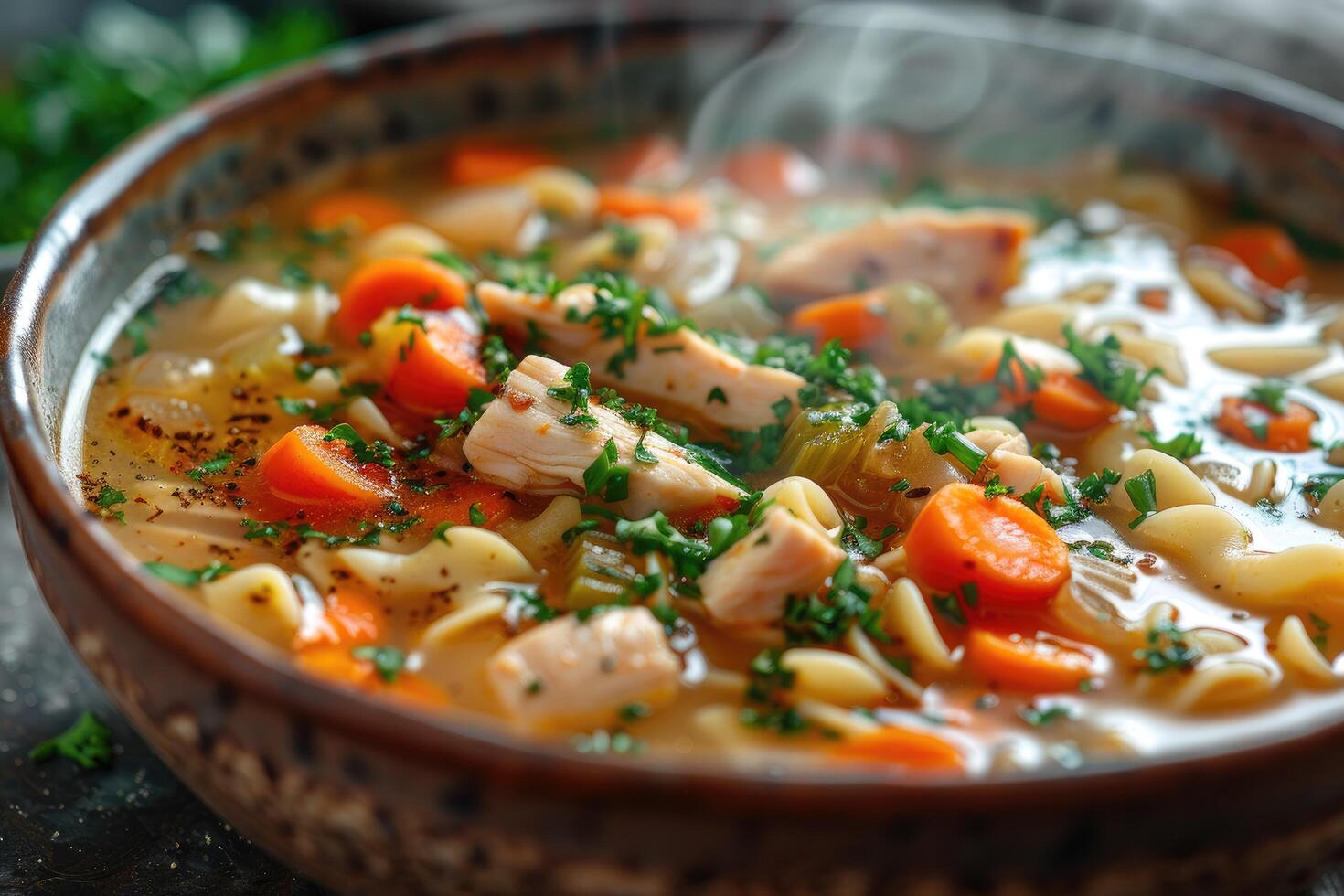 Close-up of steaming chicken noodle soup with carrots and parsley photo