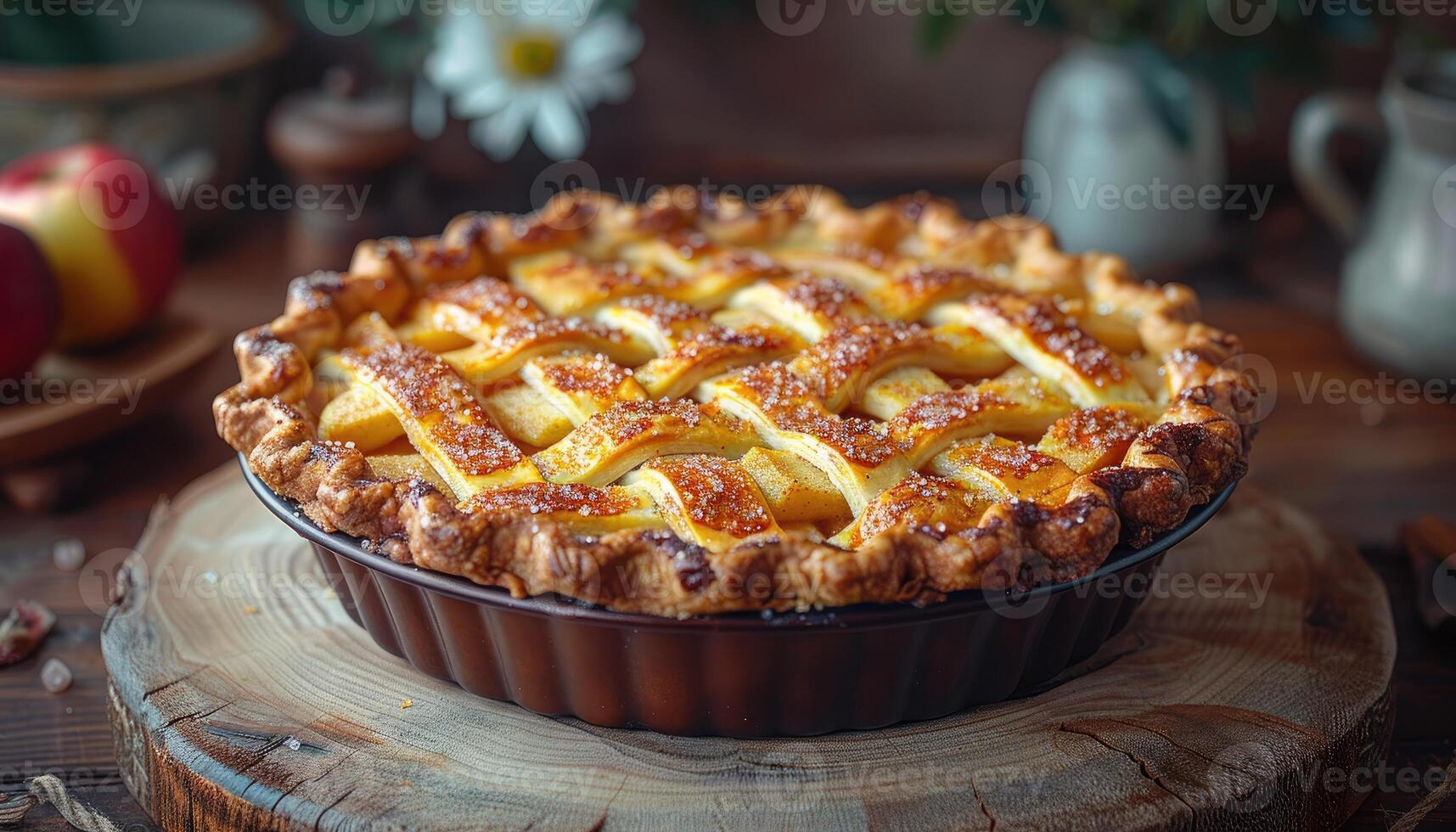 A freshly baked apple pie with a lattice crust, sitting on a wooden board. photo