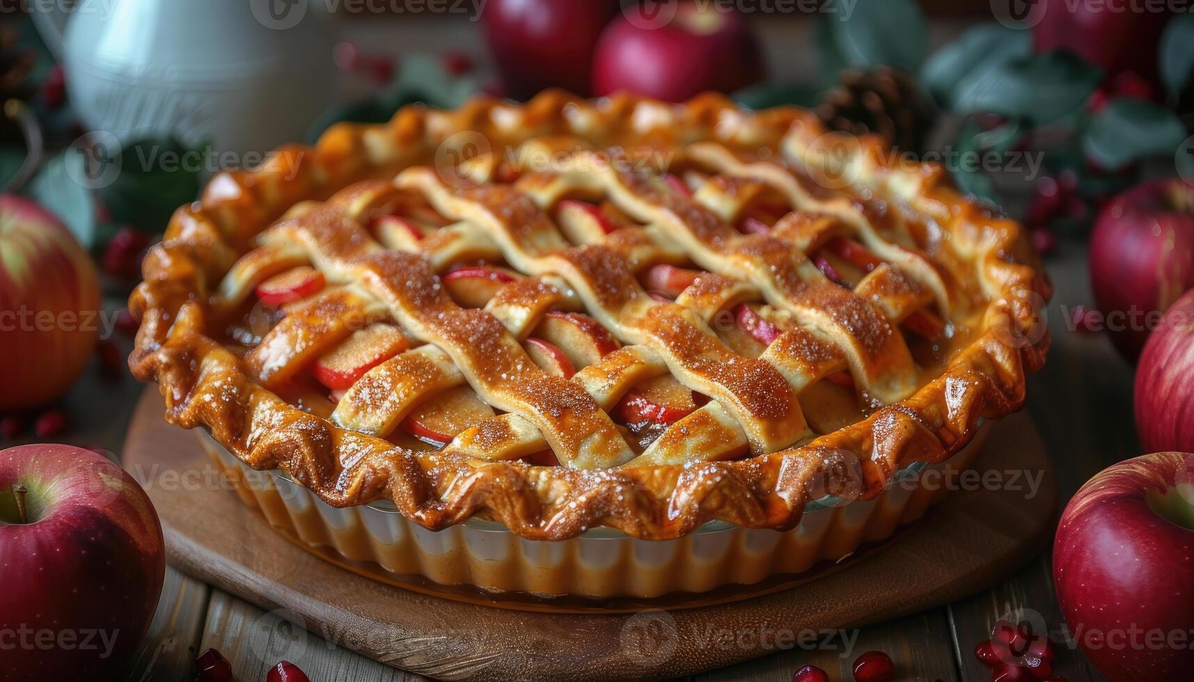 A freshly baked apple pie with a lattice crust, surrounded by apples photo