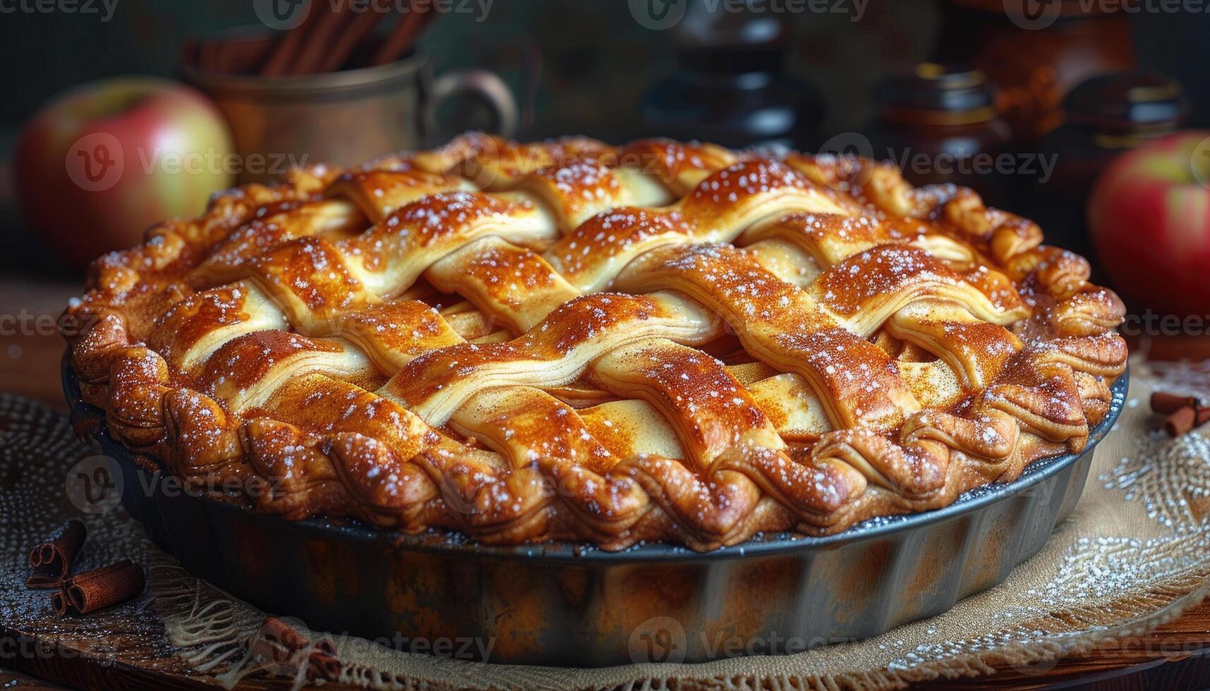A Freshly Baked Apple Pie with Lattice Crust and Sugar Glaze photo