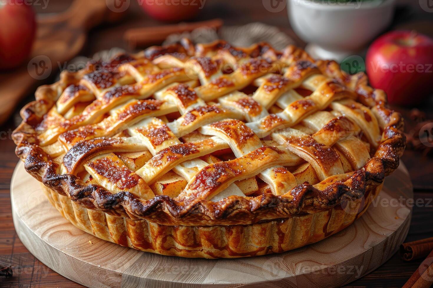 A Golden Brown Lattice-Crusted Apple Pie on a Wooden Board photo