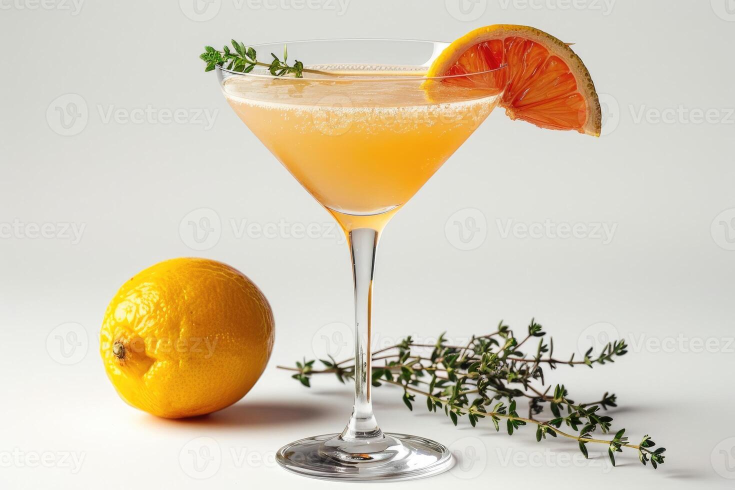 A refreshing cocktail with a grapefruit slice and thyme garnish in a martini glass photo