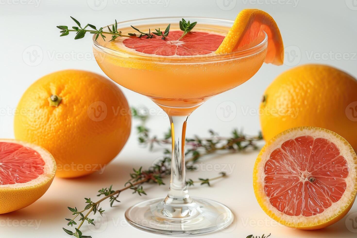 Grapefruit Cocktail with Thyme Garnish and Whole Grapefruits photo