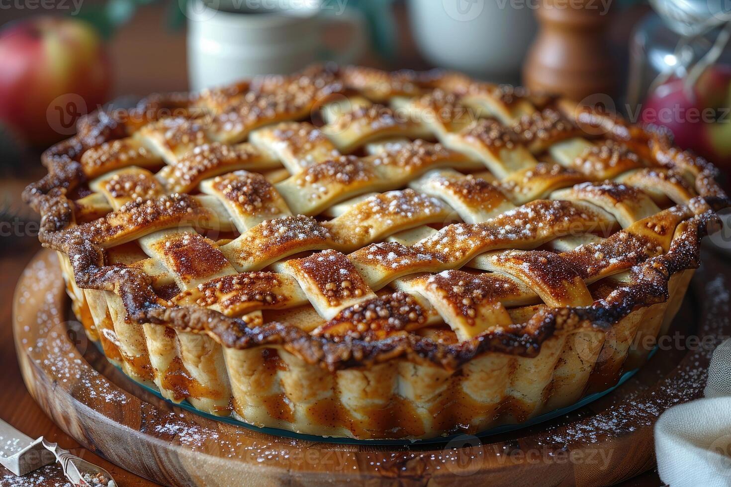 A Golden-Brown Lattice-Top Apple Pie with a Delicate Powdered Sugar Dusting photo