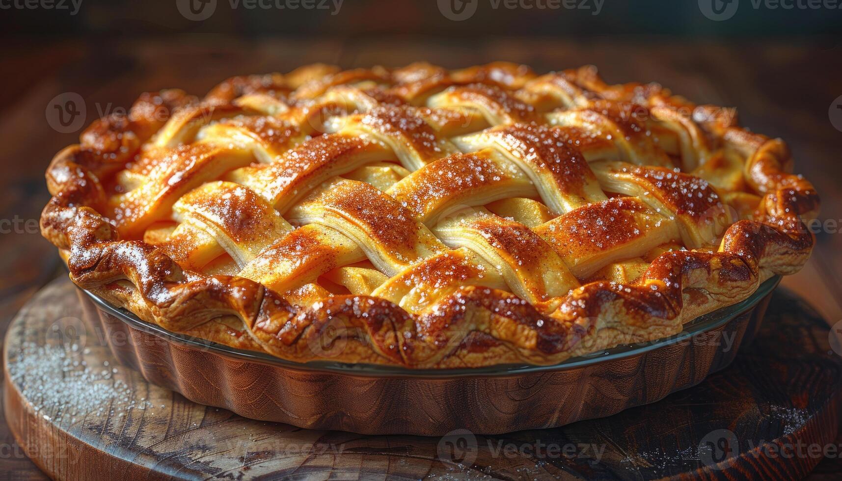 A freshly baked apple pie with a lattice crust, dusted with sugar photo