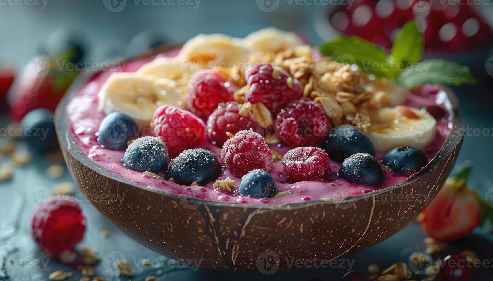 Coconut Bowl Filled with Acai Smoothie Topped with Raspberries, Blueberries, Banana, and Granola photo