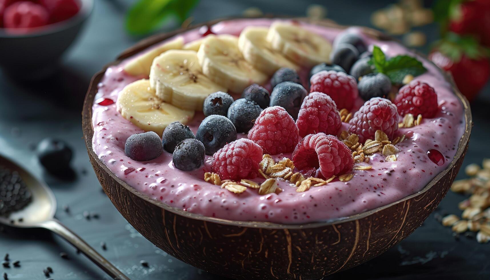 Coconut Bowl Filled with Pink Smoothie, Banana, Berries, and Granola photo