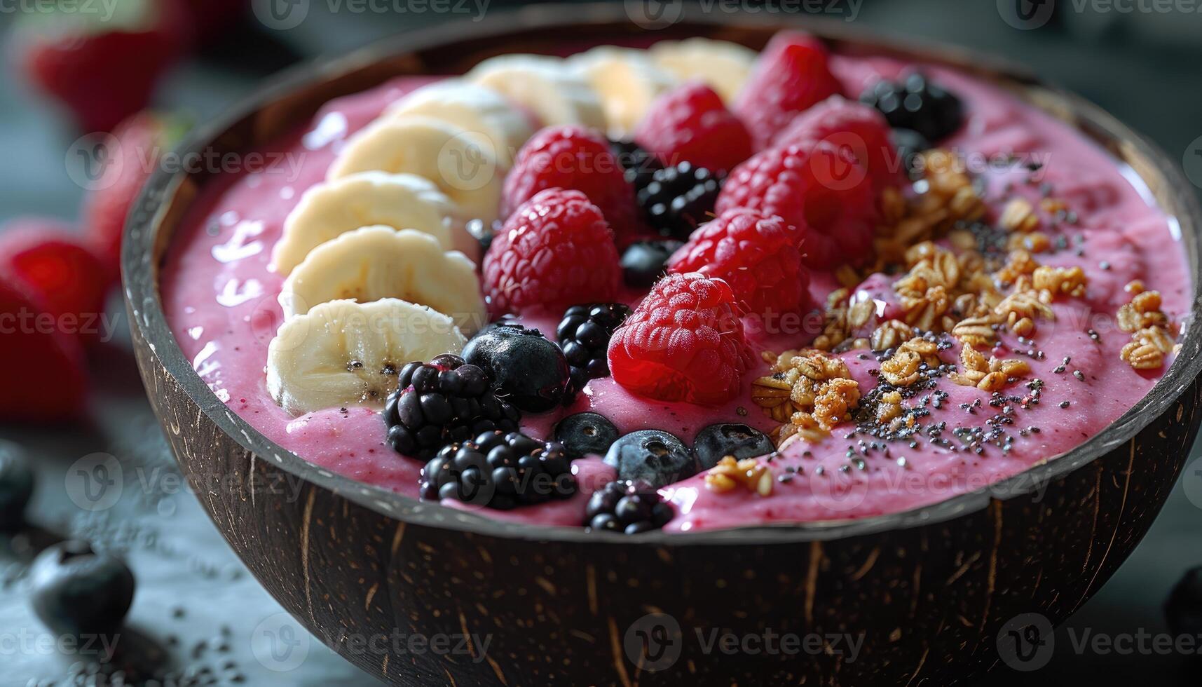Close-up of a Pink Smoothie Bowl Topped with Raspberries, Banana, Blackberries, and Granola photo