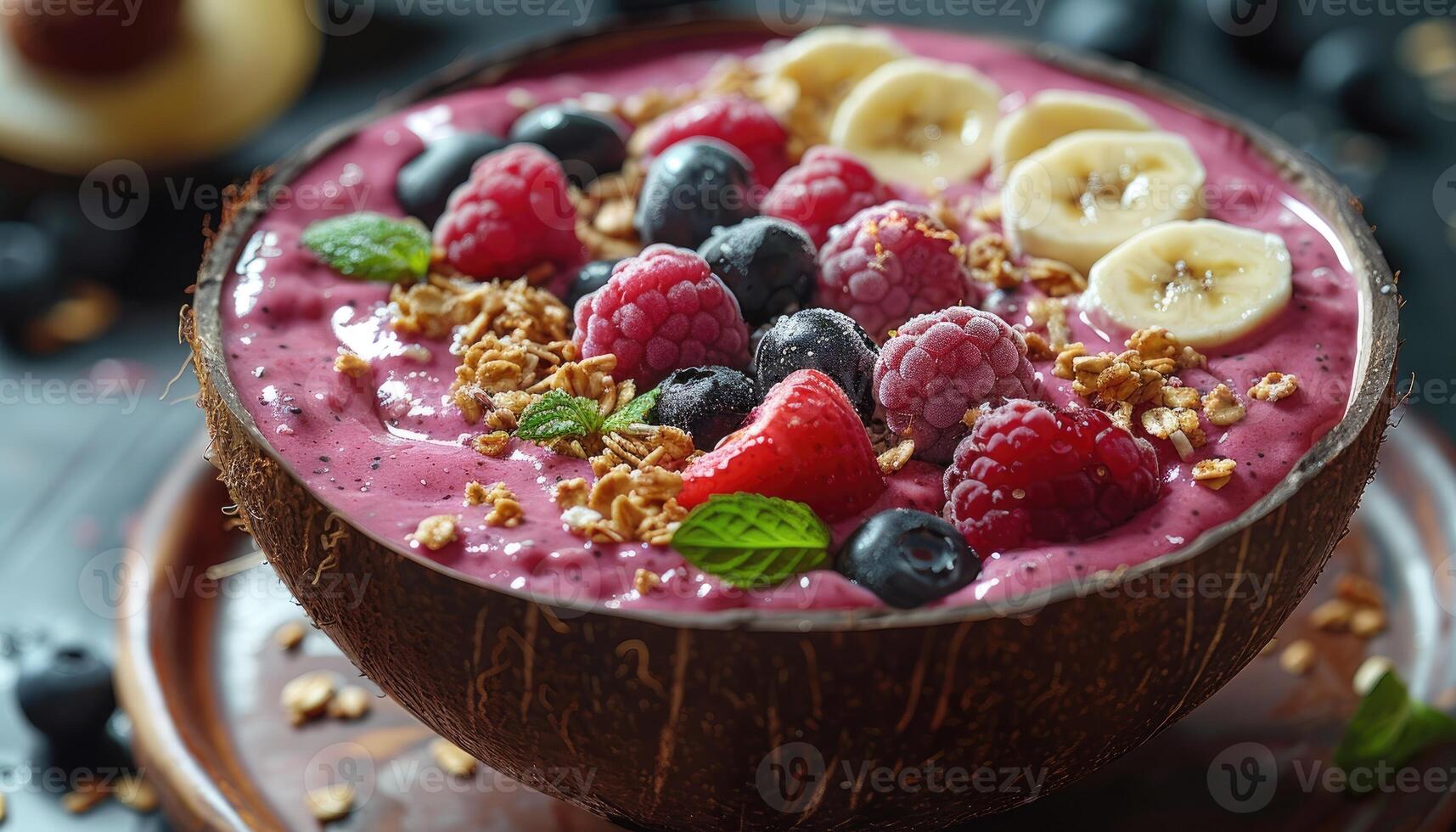 A Coconut Bowl Filled with Pink Smoothie Topped with Berries, Banana, Granola, and Mint photo