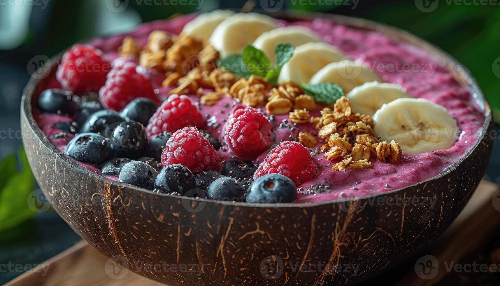 Close-up of a Coconut Bowl Filled with a Colorful Smoothie Bowl Topped with Fresh Fruit, Granola, and Mint photo