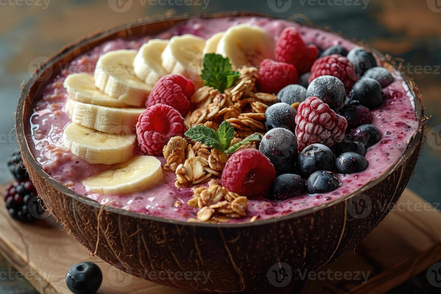 A Coconut Bowl Filled with a Colorful Smoothie Topped with Berries, Banana, and Granola photo