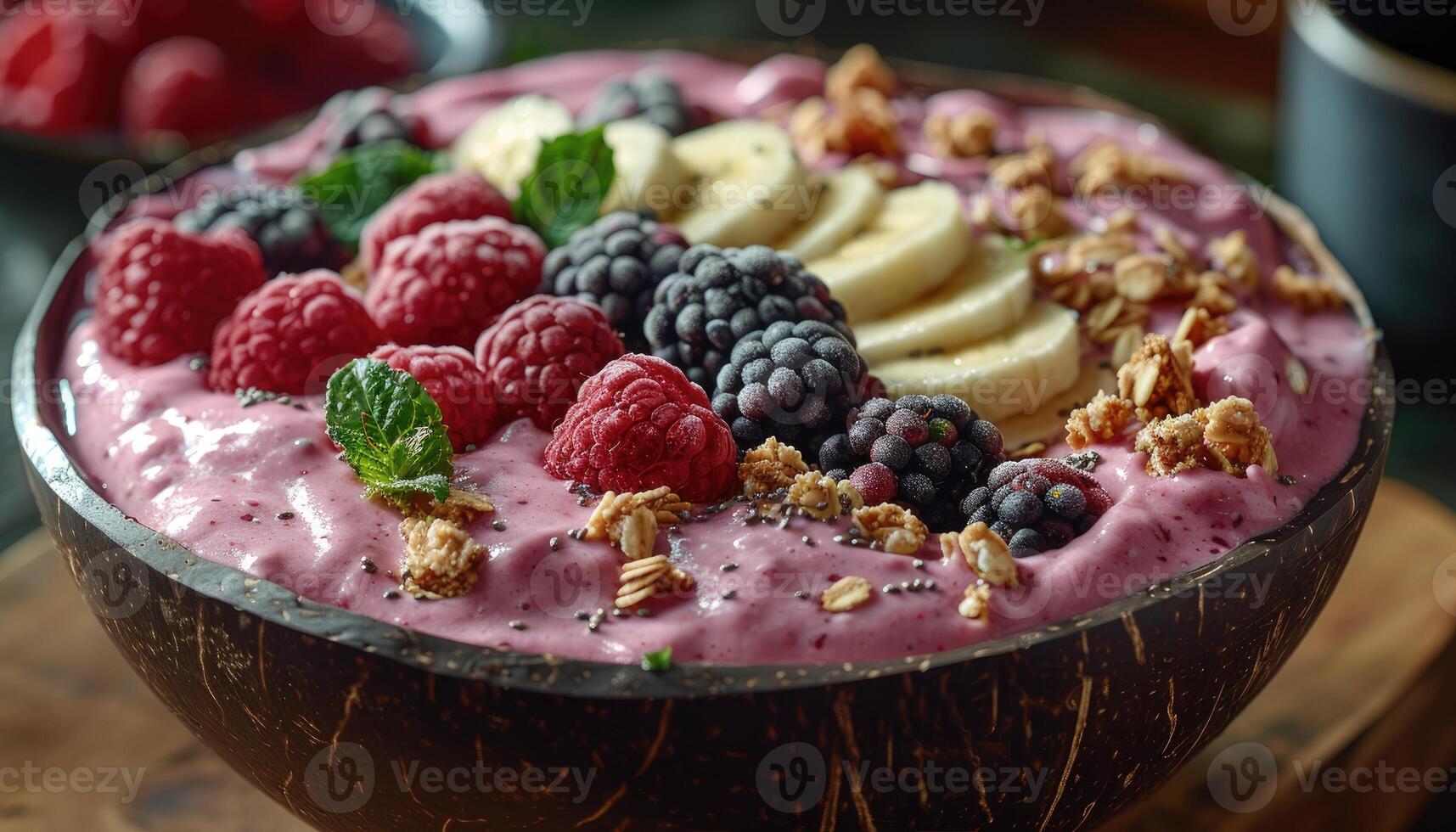 Coconut Bowl Filled with Pink Smoothie Topped with Berries, Banana, and Granola photo