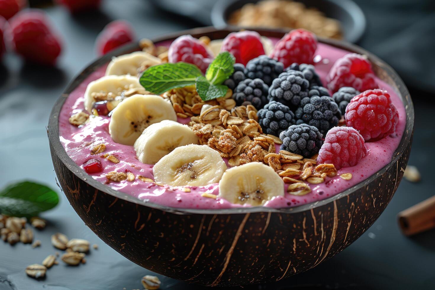 Close-up of a Coconut Bowl Filled with a Pink Smoothie, Topped with Fresh Fruit, Banana Slices, and Granola photo