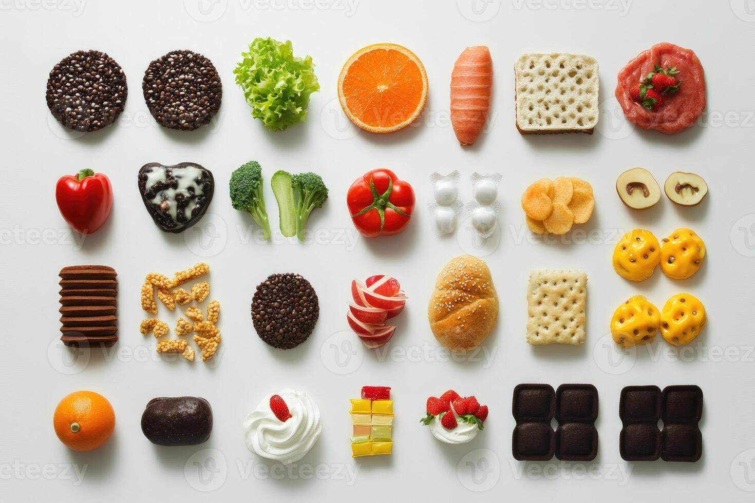 A Variety of Food Items Arranged in Rows on a White Surface photo